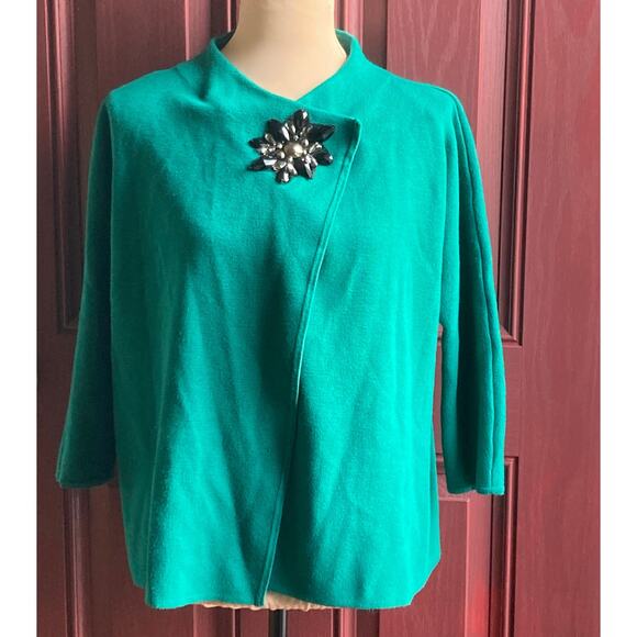 JM Collection Cardigan Women M Kelly Green Cape Style Flor Brooch Applique Retro - Picture 1 of 12